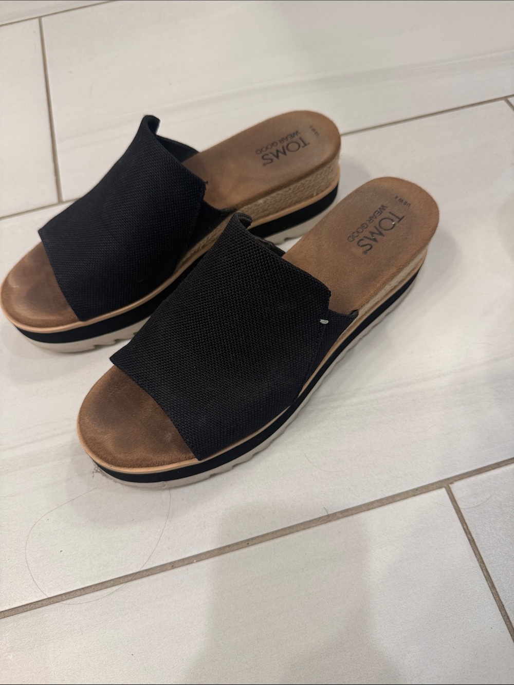 TOMS Black Slide Wedge Mules with Tan Footbed